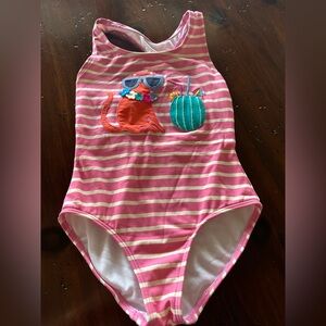 Boden Pink Striped Swimsuit with Cat and Drink, size 5-6Y.